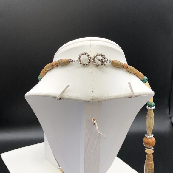 Tribal Carved Style 24” Chunky Acrylic Bead Necklace Faux Sandstone Earth Tones - Picture 7 of 9